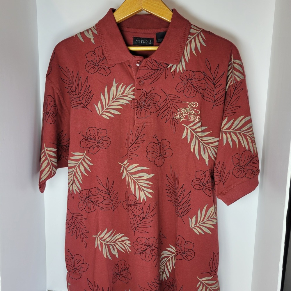Stylo Golf Mens Polo Shirt Large Red Tropical Floral Las Vegas Embroidered L